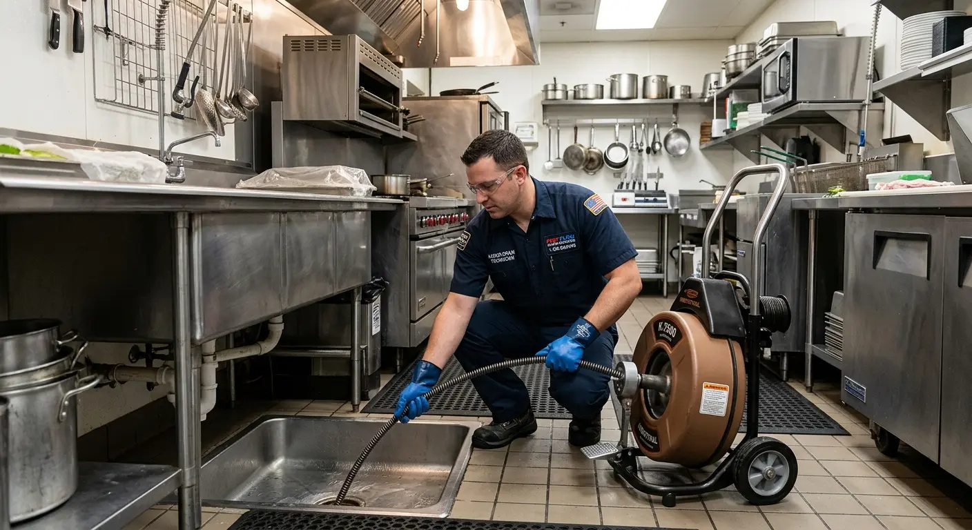 Commercial drain cleaning service in a restaurant kitchen in Woodstock