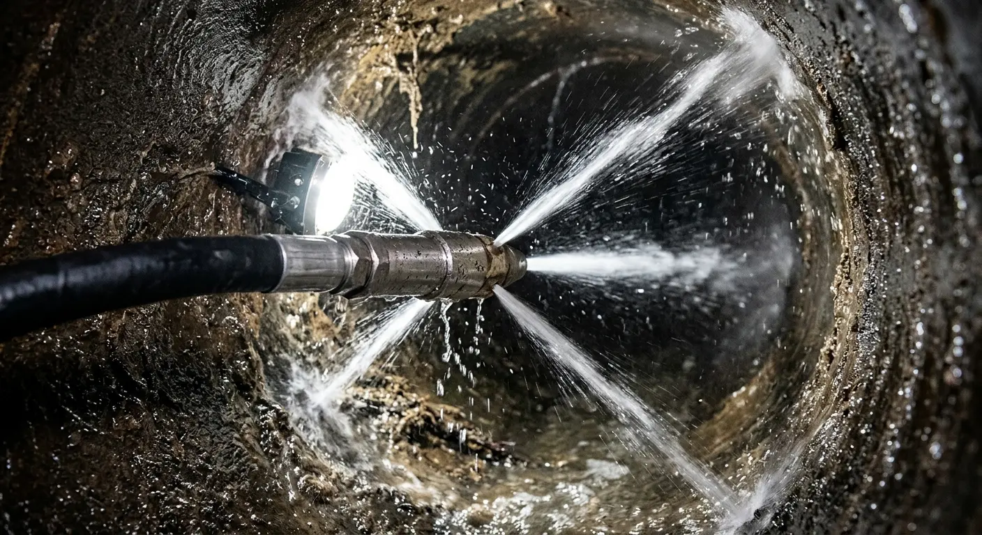 High-pressure hydro jetting nozzle cleaning sewer pipe for Sewer Cleanout in Woodstock