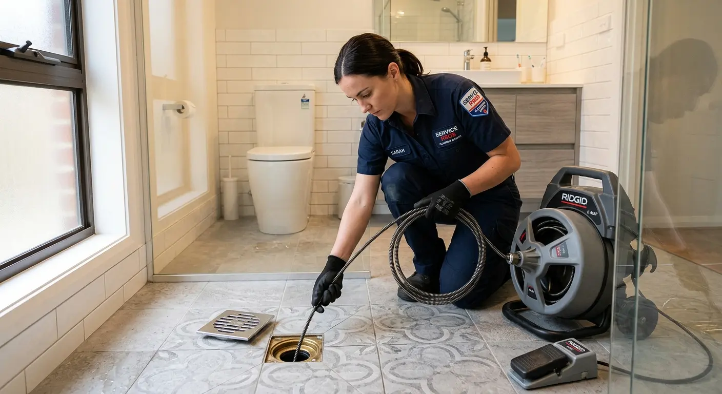 Technician clearing a bathroom floor drain for Sewer Line Installation in Woodstock